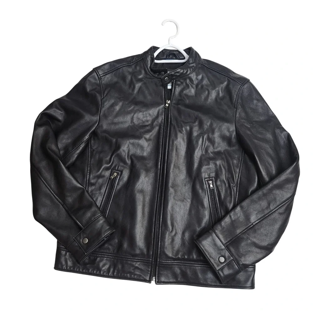 Calvin Klein Mens Black 100% Leather Cafe Racer Moto Jacket‎ Large Classic Edgy